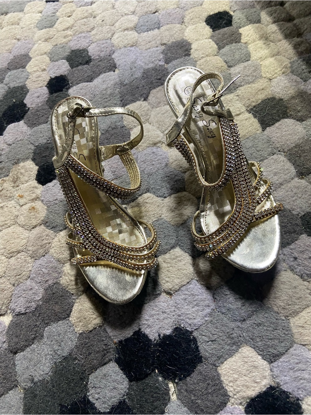 Gold Rhinestone Strappy Heels with T-Strap Elegance